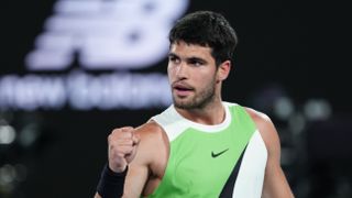 Carlos Alcaraz celebrates during his quarter-final victory over Alex de Minaur at the 2026 Australian Open. 