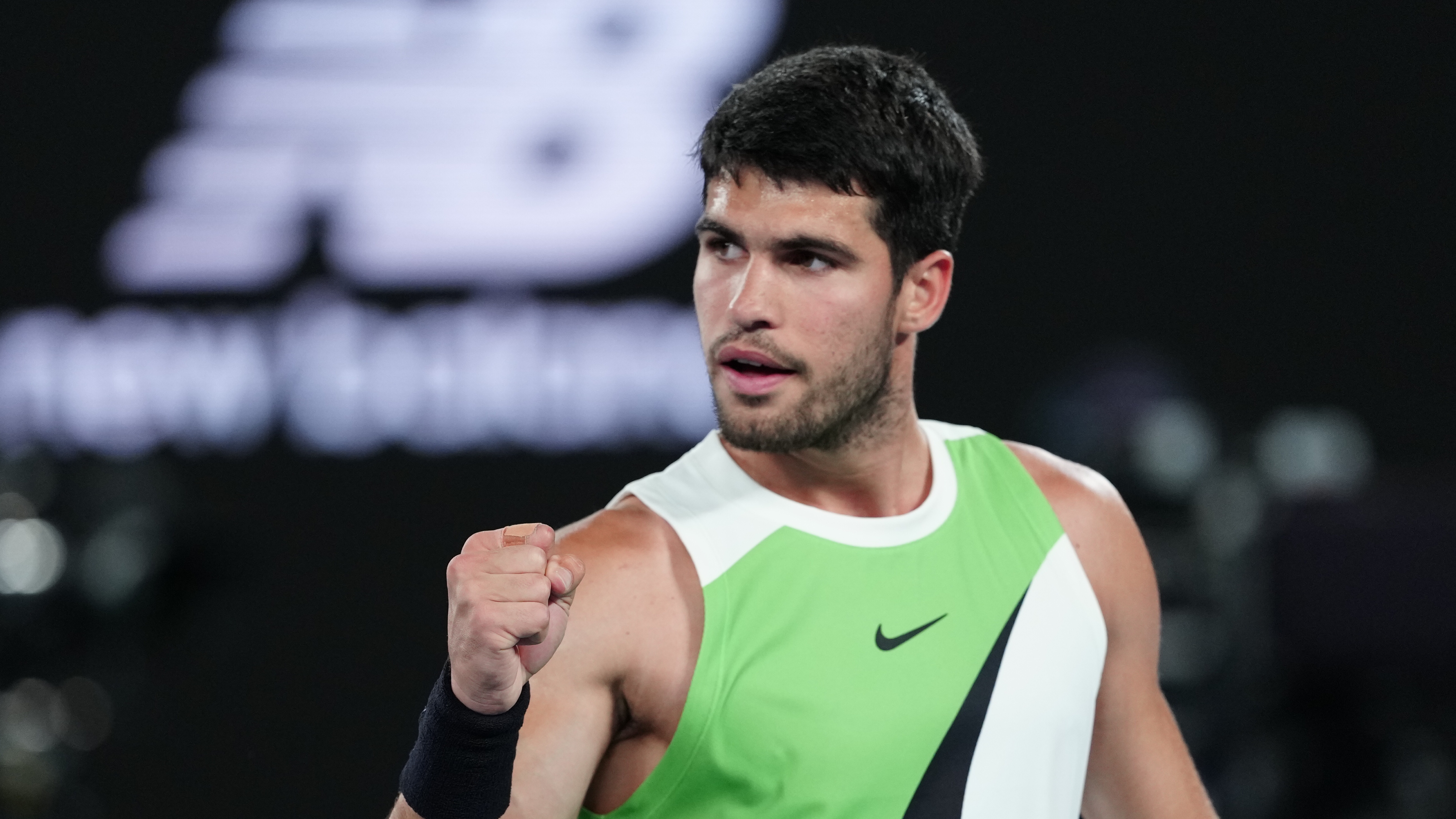 Carlos Alcaraz celebrates during his quarter-final victory over Alex de Minaur at the 2026 Australian Open. 