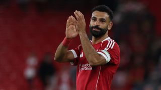  Mohamed Salah of Liverpool applauds the fans after the second pre-season friendly match between Liverpool and Athletic Club Bilbao at Anfield on August 04, 2025 in Liverpool, England. 
