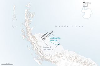 The location of the new iceberg and the Larsen C ice shelf.