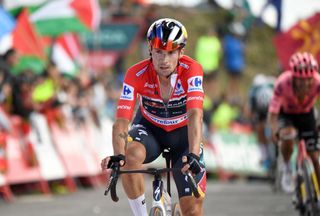 Overall leader Team Bora's Primoz Roglic crosses third the finish line of the stage 20 of the Vuelta a Espana, a 172 km race between Villarcayo and Picon Blanco, on September 7, 2024. (Photo by ANDER GILLENEA / AFP)