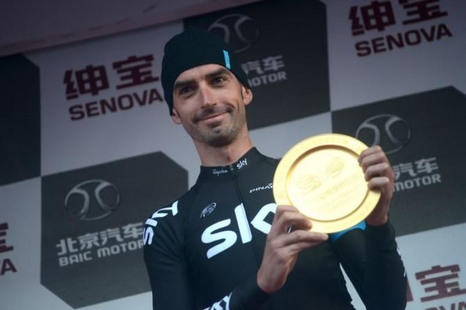David Lopez Garcia (Sky) on the final podium at Tour of Beijing