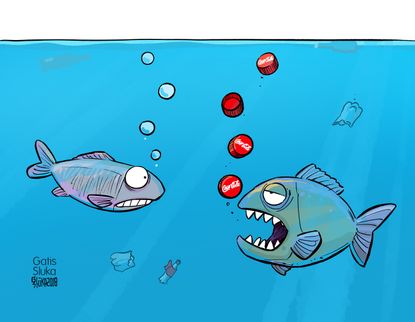 Editorial cartoon world climate change pollution Coca-Cola ocean