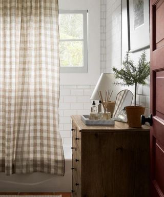 Check shower curtain in white and beige