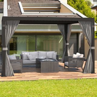 grey aluminium pergola with curtains on sides on patio area