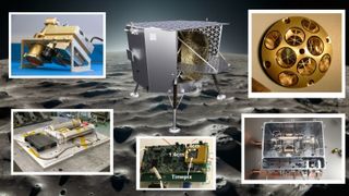 illustration of the silver Peregrine lander on the moon, with five insets showing some of its science gear.