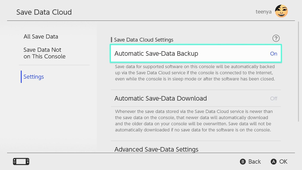 Nintendo Switch Cloud Save Main Menu Automatic