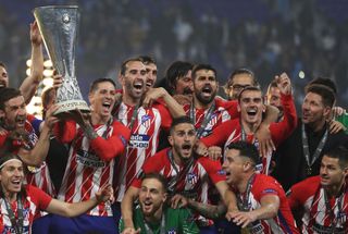 Atletico Madrid players celebrate after winning the Europa League in 2018.