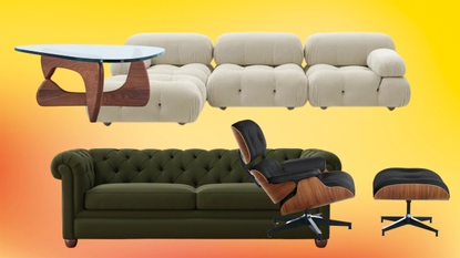 a collage featuring two couches, a chair, and a coffee table