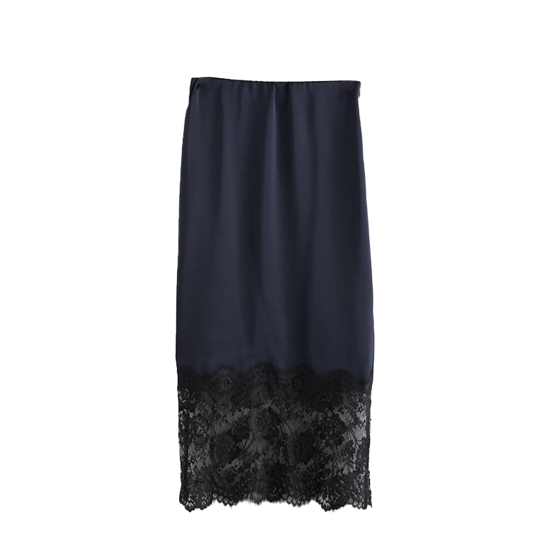 Navy satin skirt with black lace trim, Next