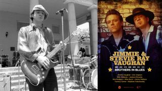Stevie Ray Vaughan, 1980, Lee Park, Dallas, TX (left) and movie poster for 'Jimmie and Stevie Ray Vaughan: Brothers in Blues'