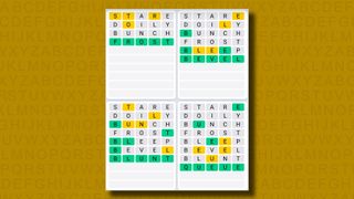 Quordle Daily Sequence answers for game 1026 on a yellow background