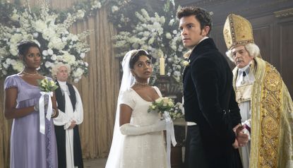 Simone Ashley as Kate Sharma, Charithra Chandran as Edwina Sharma, Jonathan Bailey as Anthony Bridgerton, Anthony Wise as Archbishop in episode 206 of Bridgerton