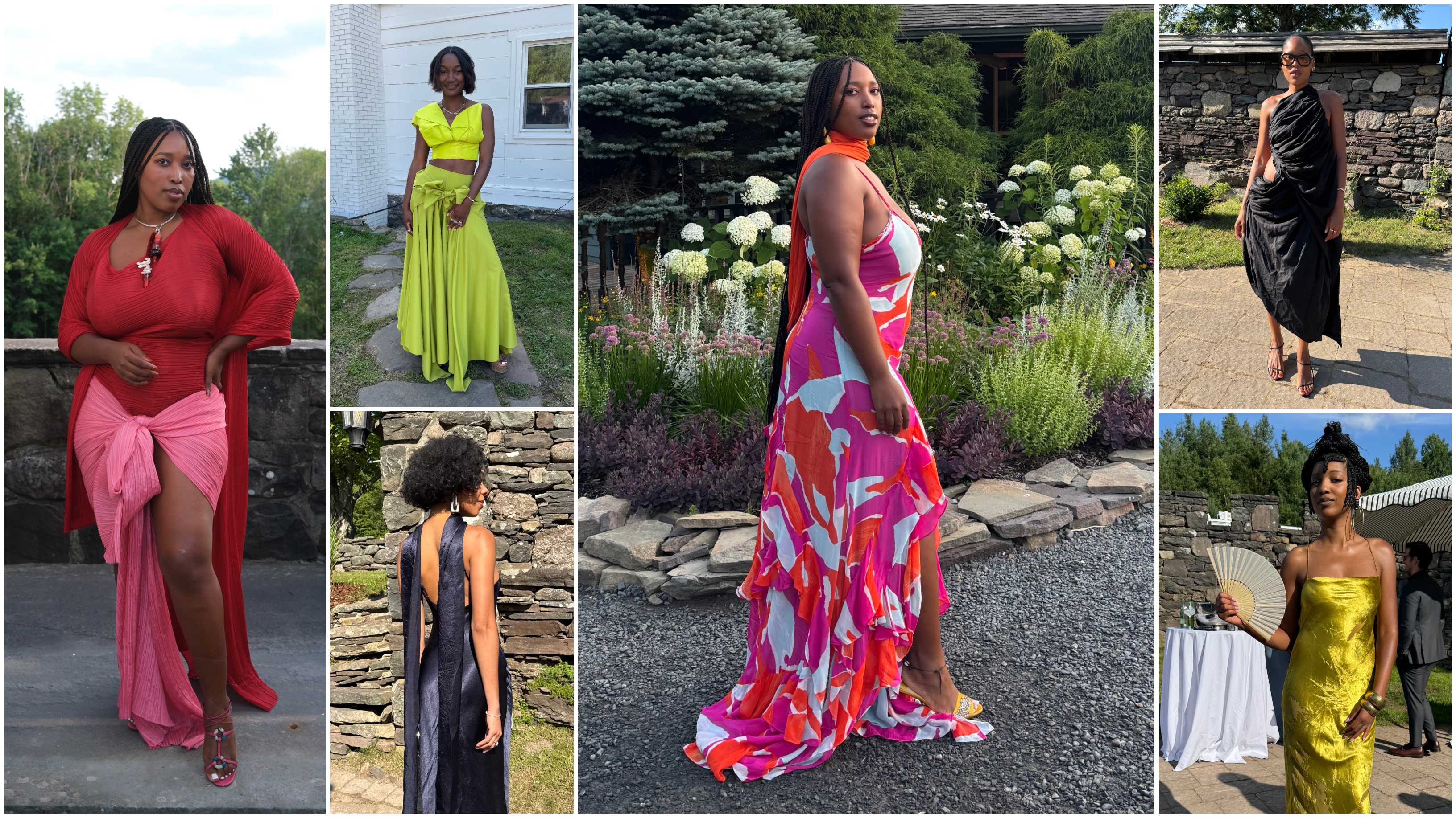 a collage of women wearing colorful wedding guest dresses from Mecca James-Williams