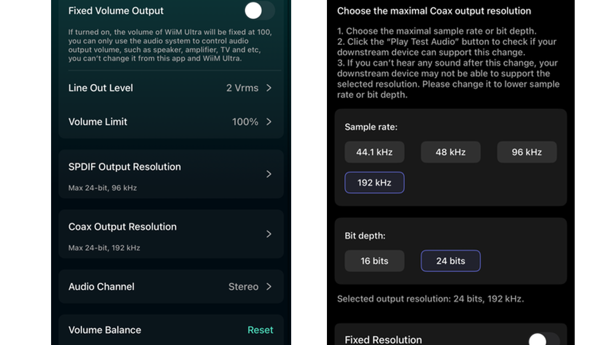 Screenshot of digital output settings in WiiM Home app