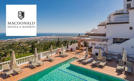 Macdonalds hotels logo top left with a birds eye view of hotel with pool