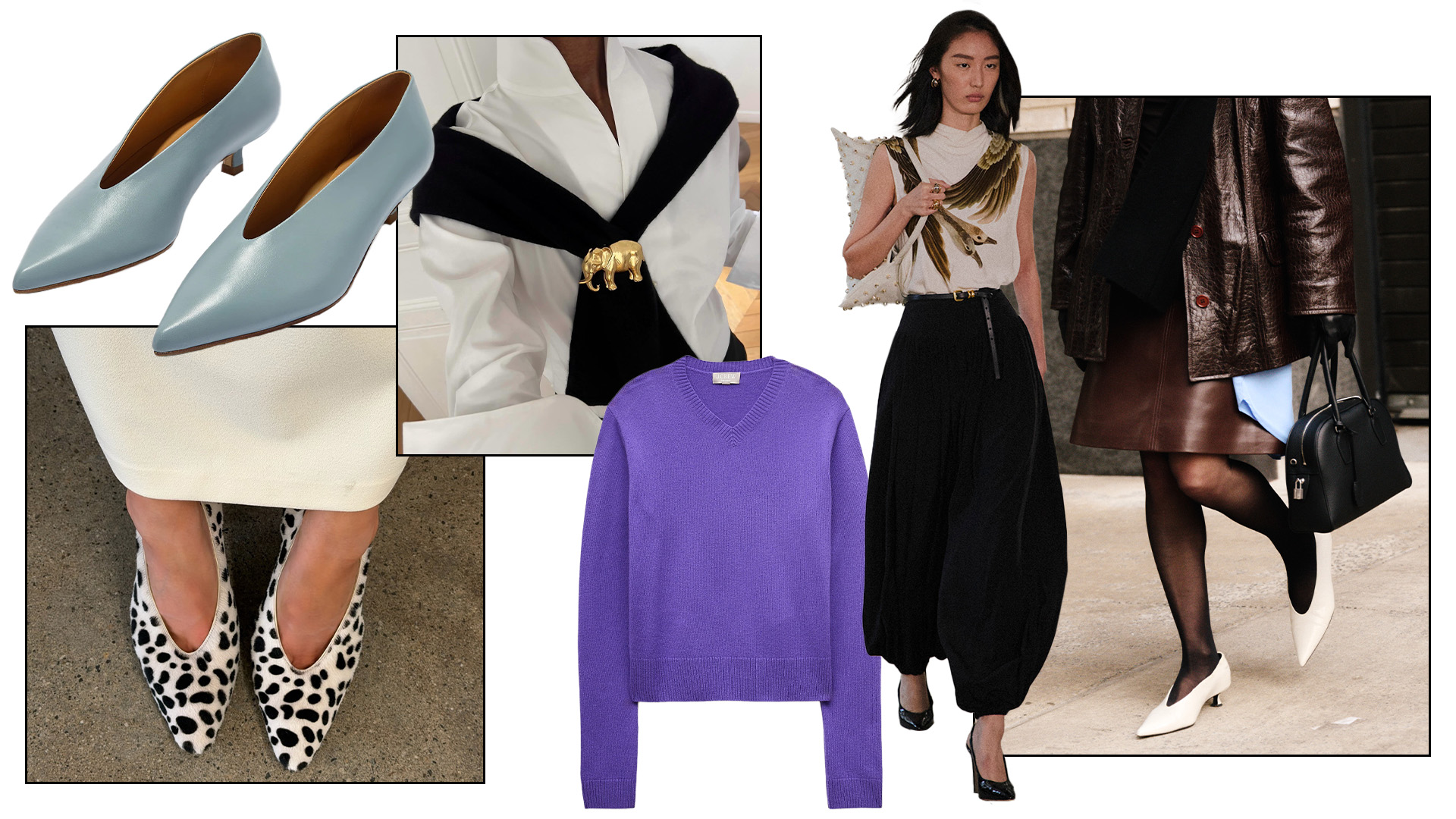 Elsa Hosk wearing dalmatian print heels; J.Crew v-neck sweater; @sylviemus_ wearing a brooch; Altuzarra S/S 26; Aeyde high-vamp pumps; Nikki Chwatt at NYFW