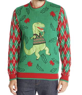 Dinosaur-themed ugly Christmas sweater.