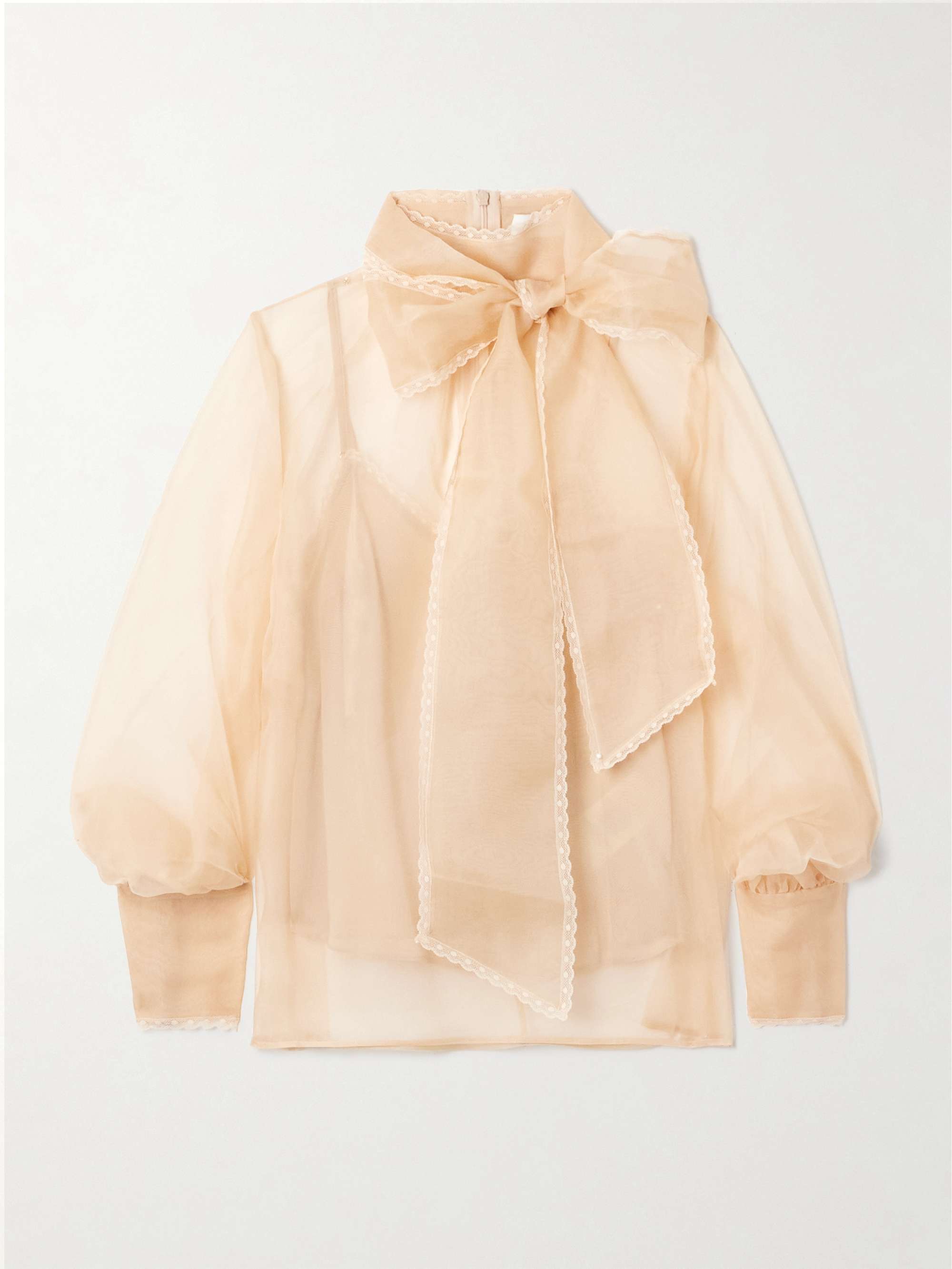 Pussy-Bow Lace-Trimmed Silk-Organza Blouse