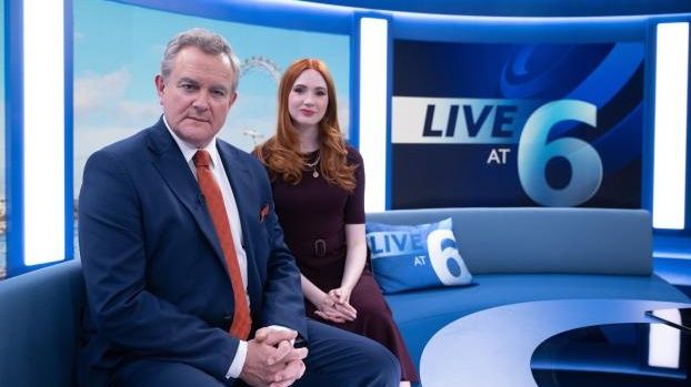 Hugh Bonneville plays newsreader Douglas Bellowes with Karen Gillan as his younger, more media-savvy co-anchor Madeline