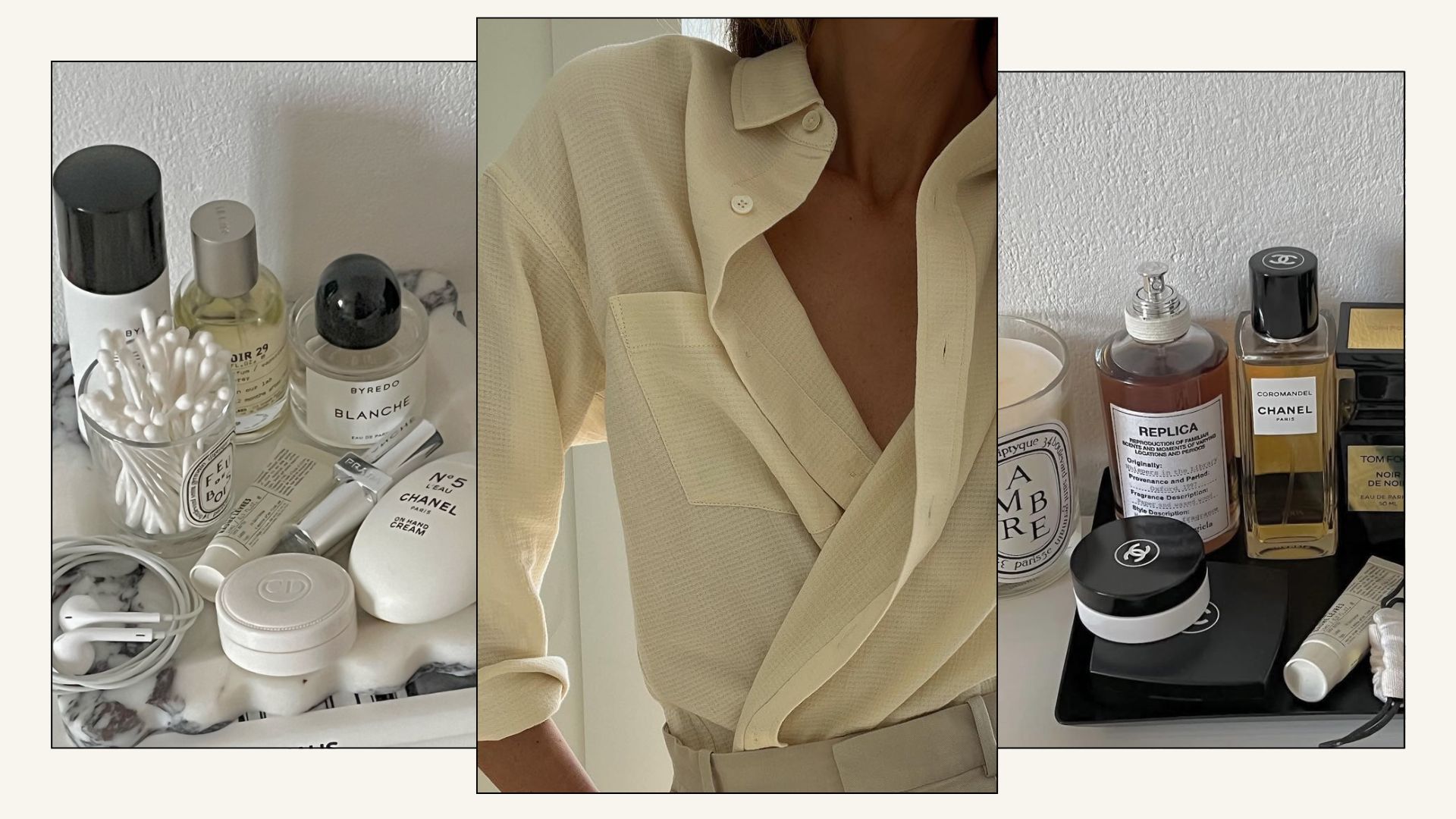 A collection of popular perfumes along with a picture of Anouk Yve's decollett&eacute; wearing a yellow shirt