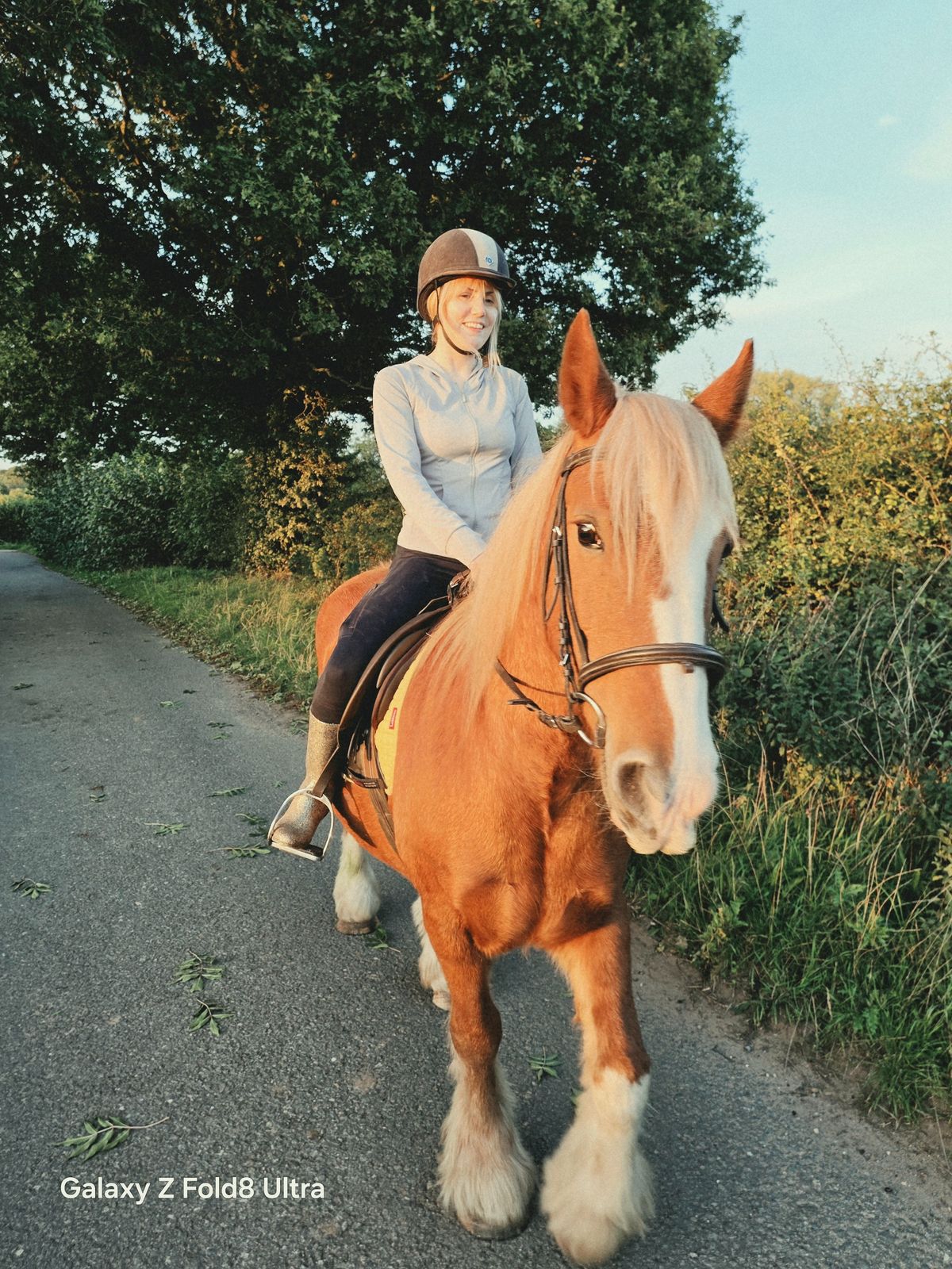 Woman wearing a riding helmet sitting on a chestnut horse on a country lane in warm evening sunlight.