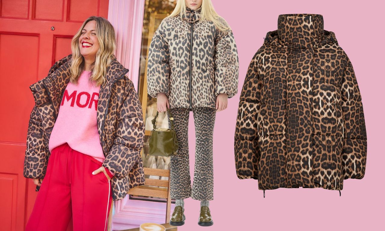 Collage of Erica Davies in leopard print puffer and Ganni&#039;s puffer jacket