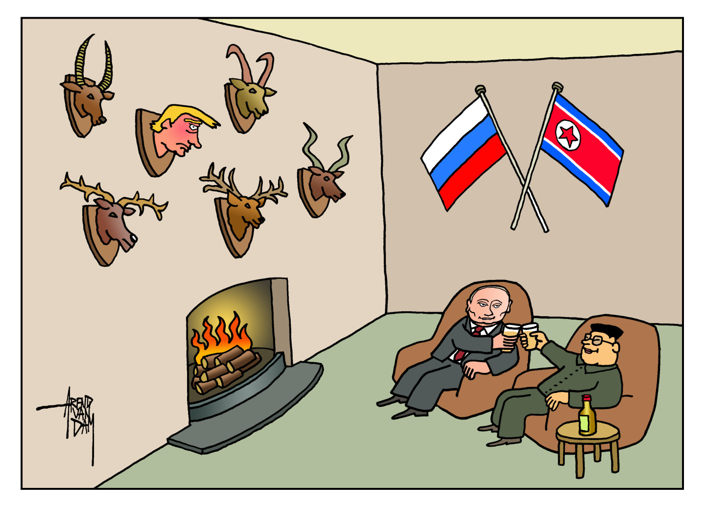 Vladimir Putin and Kim Jong Un sit next in easy chairs in front of a fireplace and clink their glasses together. Taxidermy animal heads are on the wall above the fireplace including one that resembles Donald Trump.