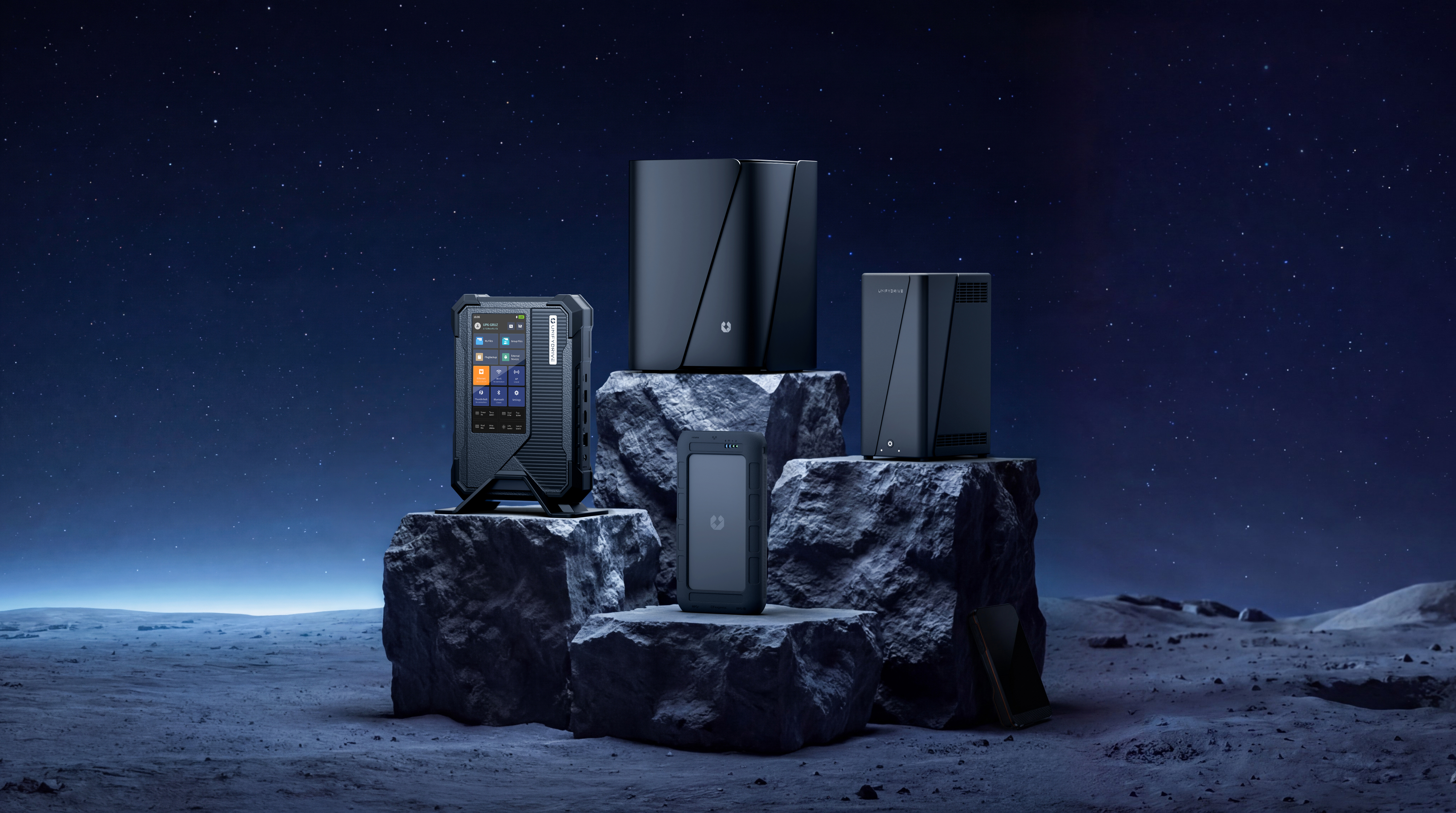 The UnifyDrive current lineup on a pedestal