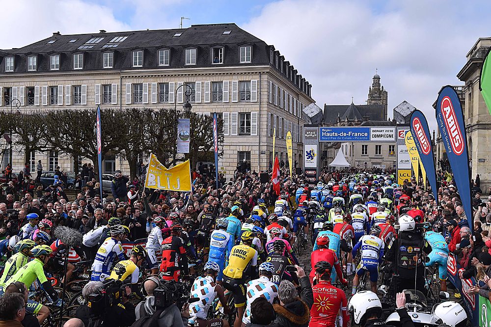 On the start line, riders assemble for Paris-Roubaix
