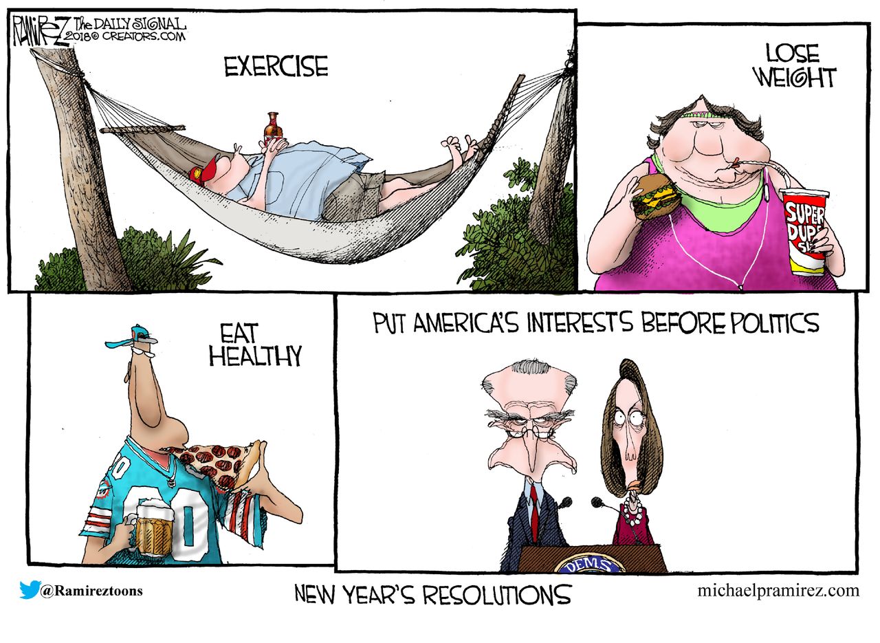 Political cartoon U.S. new years resolutions democrats Nancy Pelosi Chuck Schumer