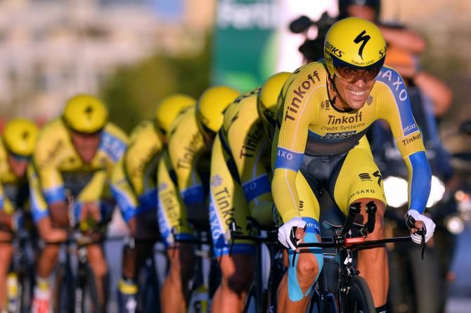 Alberto Contador leads the TInkoff-Saxo team in the team time trial