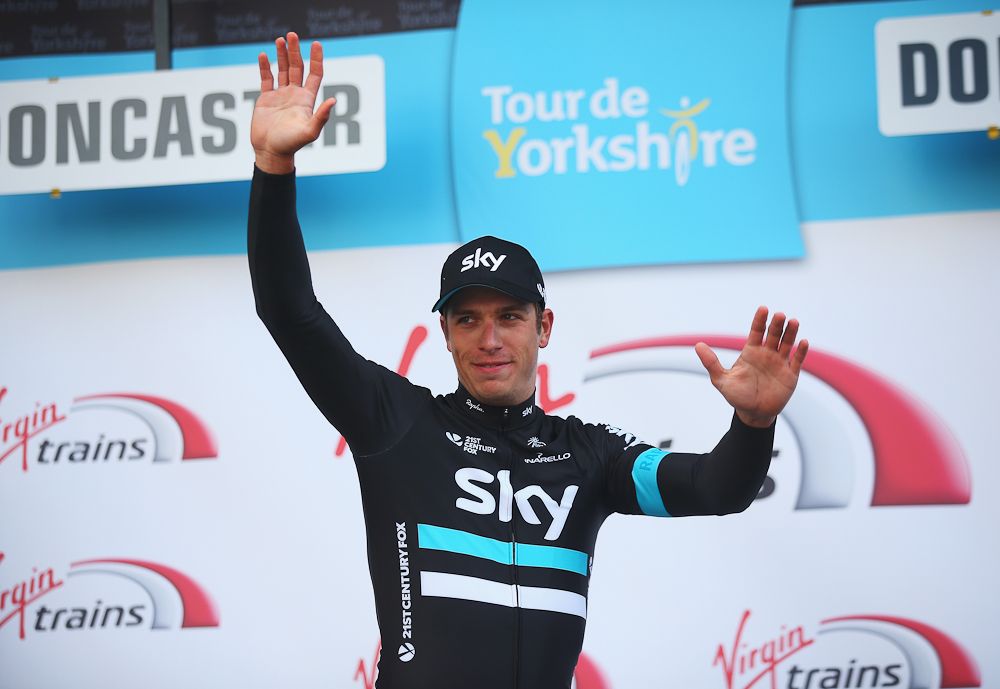 Danny Van Poppel of Team Sky and the Netherlands celebrates winning the second stage of the 2016 Tour de Yorkshire