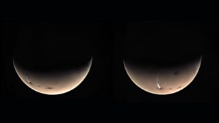 Mars Express images of Arsia Mons on Mars and its strange long cloud, taken on July 17 and July 19, 2020.
