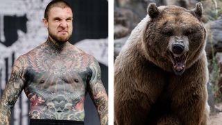 A composite photograph of Slaughter To Prevail’s Alex Terrible onstage and a brown bear