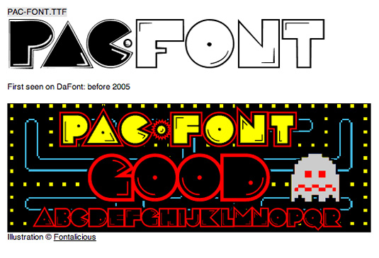 A screenshot of a free Pac-man font from DaFont