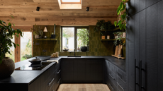 dark wood cabinets in a wooden drenched kitchen and green zellige tiles on one wall