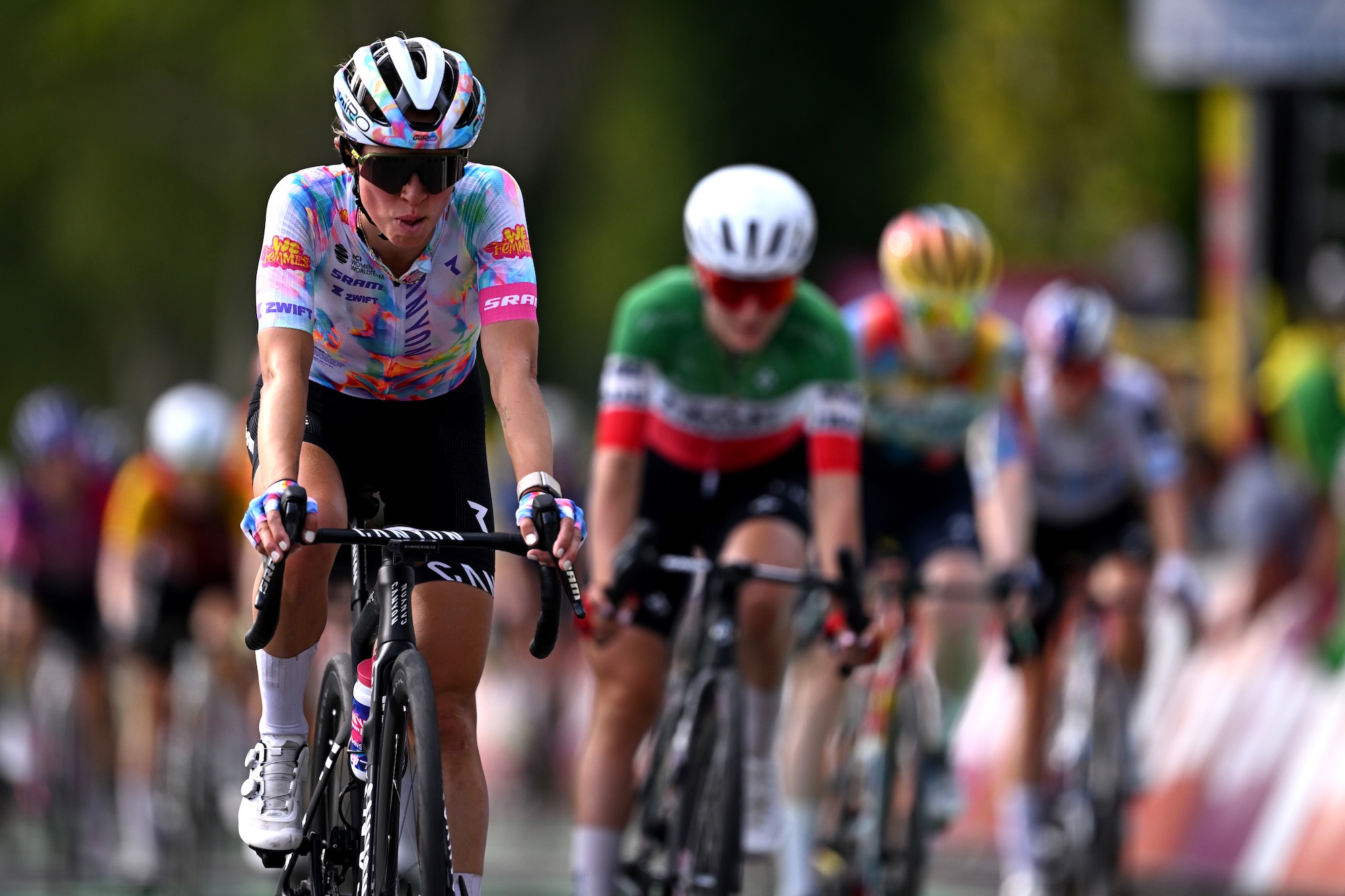 Kasia Niewiadoma-Phinney (Canyon-SRAM) crosses the stage 3 finish line in the main chase group in 16th place