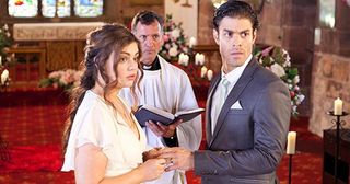 There's an interruption at Diego Martinez and Celine McQueen's wedding in Hollyoaks.