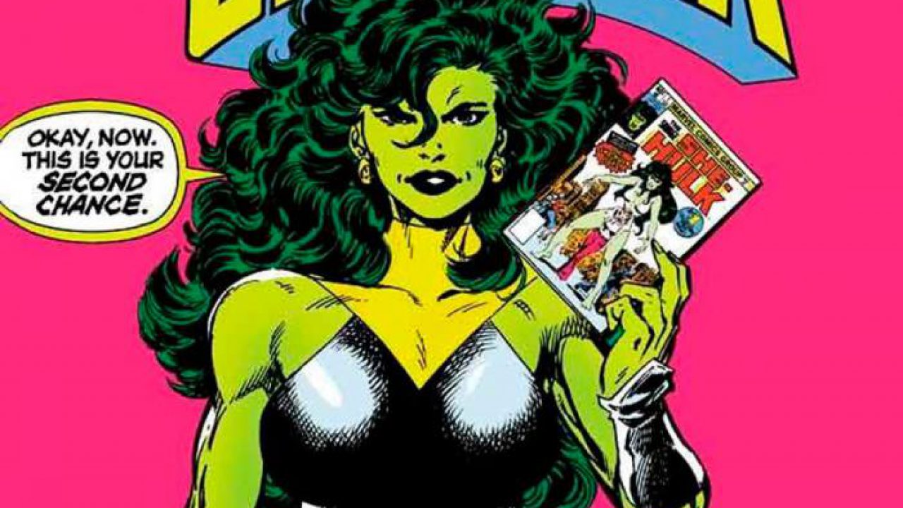 A screenshot of a She-Hulk comic book panel from the John Byrne series run