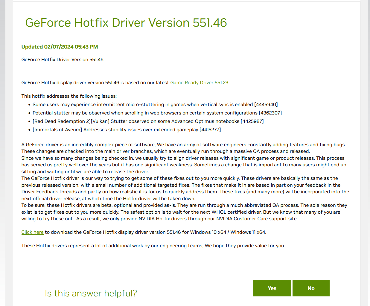 GeForce Hotfix Driver Version 551.46 Patch Notes