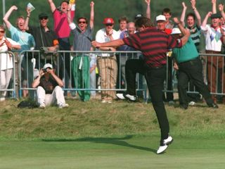 NIck Price gets airborne after an eagle on the 71st hole, The Open’s Best Celebrations