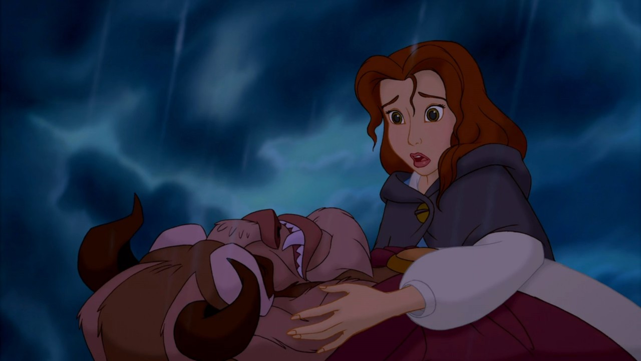 The monster dies in Belle's arms in Beauty and the Beast