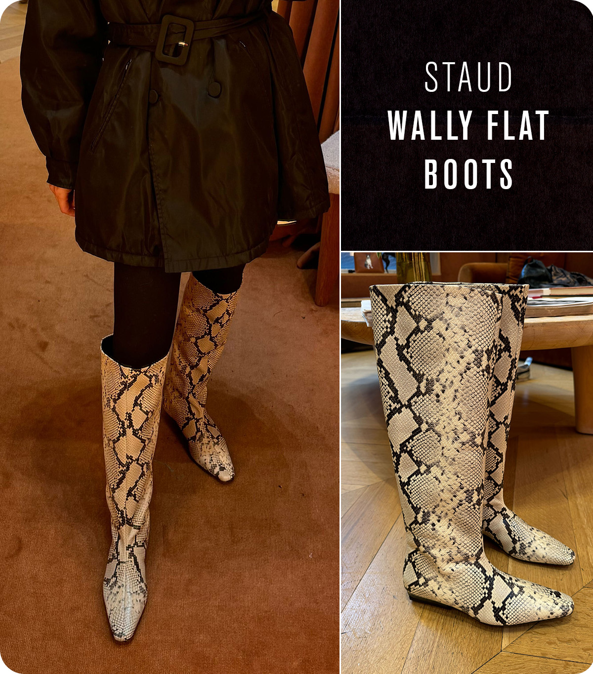 Nikki wears staud wally flat boots.