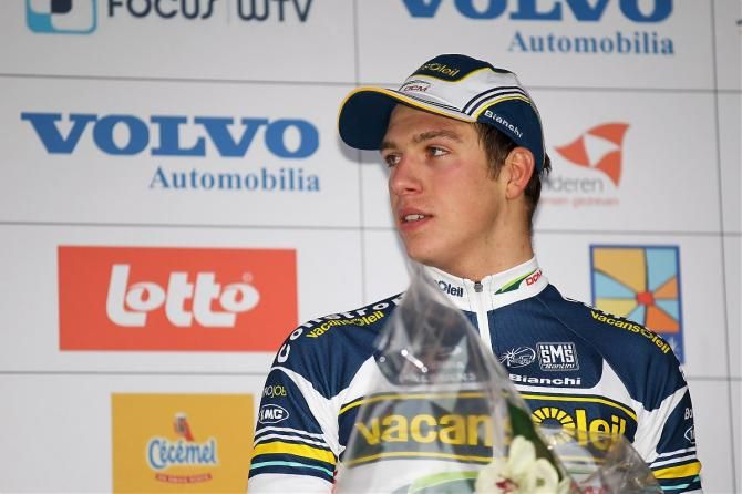 Danny van Poppel (Vacansoleil-DCM) on the podium for his third place finish at the Handzame Classic.