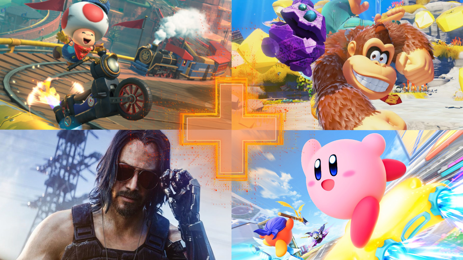 Best Switch 2 games: Images of Mario Kart World, Donkey Kong Bananza, Cyberpunk 2077, and Kirby Air Riders.