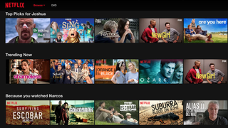 The Netflix homepage, showing a variety of available shows and movies
