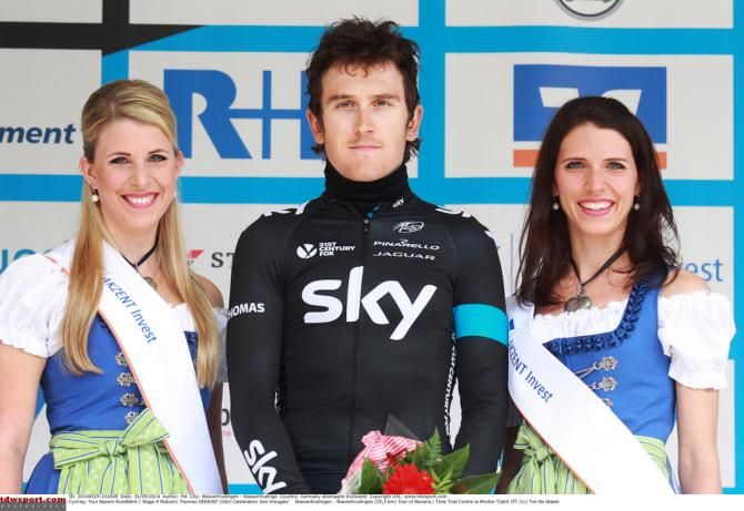 Geraint Thomas (Team Sky) on the podium after winning the time trial