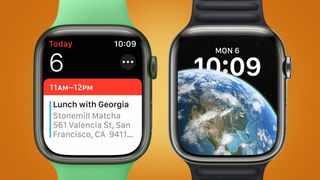 Dos Apple Watches sobre fondo naranja
