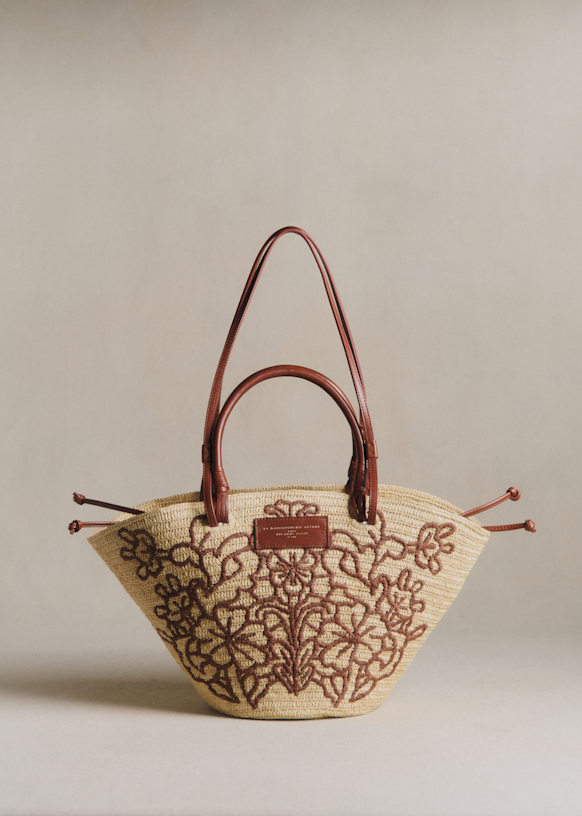 Justine Basket Bag - Raffia Embroidery Terracotta Flowers - Raffia - S&amp;eacute;zane